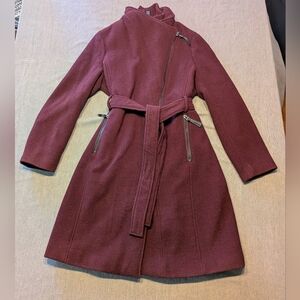 Calvin Klein Wool Blend Bib Coat Maroon gunmetal women's LG